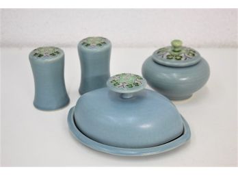 One Acre Ceramics Blue Glaze And Trellis Pattern Salt & Pepper Set, Covered Jar, And Butter Plate