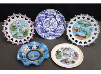 Group Of 5 Vintage Souvenir Plates - Disneyland To Maine With Stops In WI, MI, And NH
