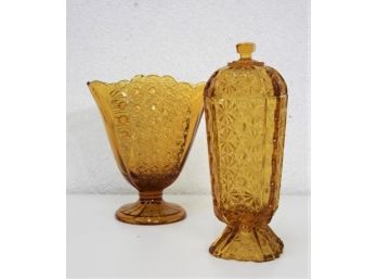Two Classic Amber Glass Vases - Lidded Tower Vase And Dot Starburst Hearth Vase