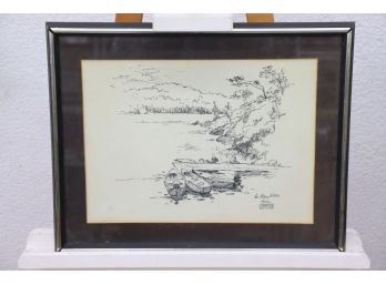 George Wolfe Pen And Ink Boats And Lake Drawing (for Mary Ellen From George Wolfe), Signed And Framed