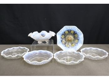 Grouping Of Six Pieces Vintage Moonstone Opalescent White Hob Nail Ruffle Edge Dishes