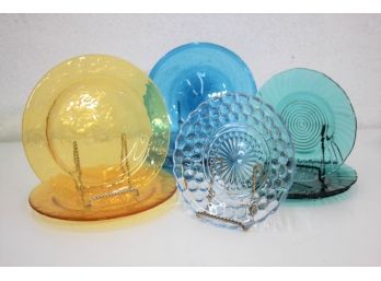 Terrific Group Lot Of Colorful Pressed Depression Glass Plates
