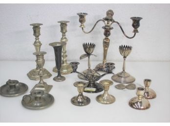 Group Lot Of Candlestick Holders, Metalware And Silverplate