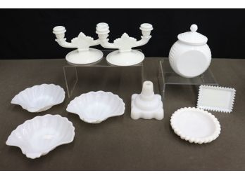 Amazing Milk Glass Group: Button And Daisy Double Candleholders, Scallop Shell Dishes, Hive Cannister