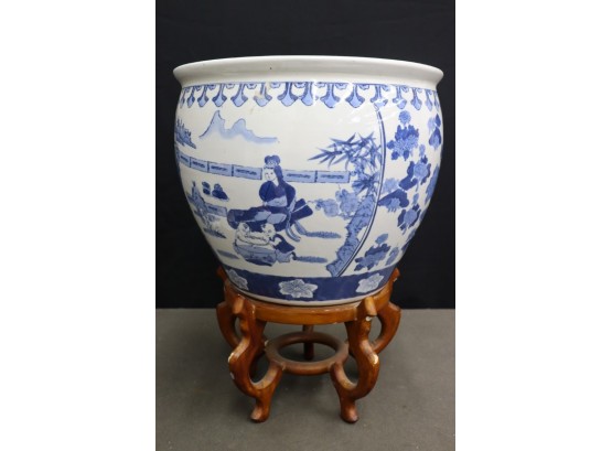 Asian -style Blue And White Ceramic Jardinire On Hand Crafted Wood Stand