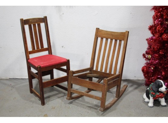 Vintage Mission Style Slat Back Chair (red Seat) And Mission-style Rocking Chair (no Seat)