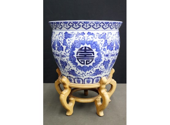 Blue And White Chinese Porcelain Long Life Jardinire On Blond Wood Stand
