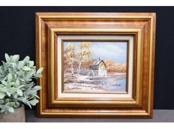 Artist Signed Oil Painting Of Country Mill In Winter, Framed And Signed, Caufield