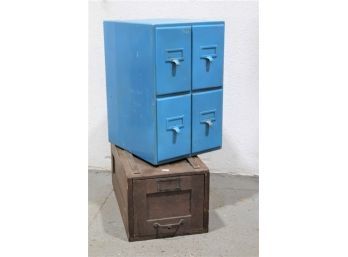 Vintage Wood Filing: Blue Four Drawer Tabletop Card File And Single File Cabinet Drawer