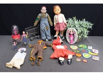 Group Lot Of Dolls, Doll Clothes, Patches, Marilyn Monroe Novelties, Howdy Doody Puppet And Pin, Etc.