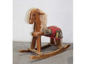 Vintage Wooden Rocking Horse With Fabric Saddle/Blanket And Yarn Mane And Tail