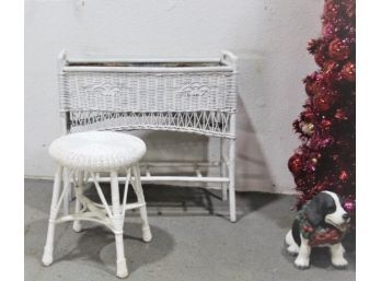 White Painted Wicker Long Plant Stand And Round Stool