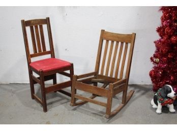 Vintage Mission Style Slat Back Chair (red Seat) And Mission-style Rocking Chair (no Seat)