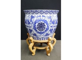 Blue And White Chinese Porcelain Long Life Jardinire On Blond Wood Stand