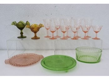 Fun Grouping Of Pressed, Colored, And Depression Glass Serveware