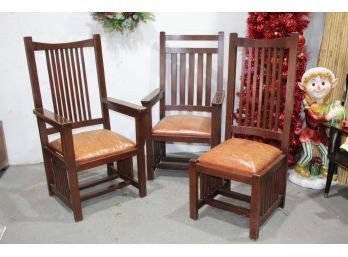 Two Vintage Mission-style Spindle Armchairs And One Side Chair - Tawny Caramel Seats