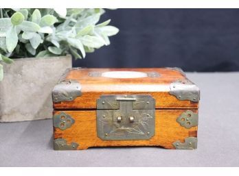 Sumptuous Chinese Wooden Jewelry Box - Jade-like Stone Carving And Ornate Brass Mounts, Plush Lined Interior