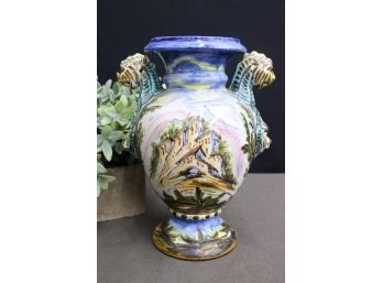 Vintage Italian Hand-painted Urn Vase With Giraffe Handles And Classical Figures