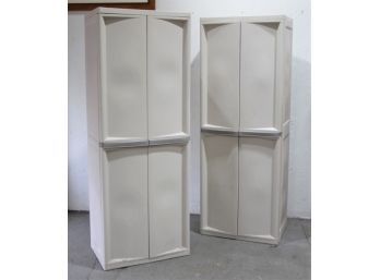 Two Tall Plastic Double Door Storage Cabinets