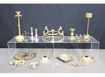 Group Lot Of Varies Brass And Metal Candlestick Holders, Pulls, Hooks, Plates And More