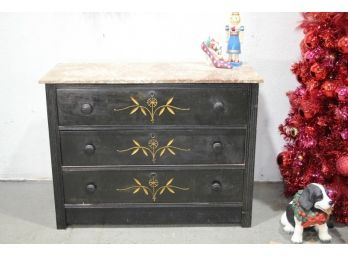 Vintage Marble Top Painted Gold Intaglio On Ebony-Painted Drawer Front Dresser