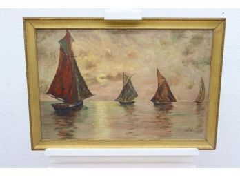 Framed And Signed Four Tall Ships At Sunset Painting, Signed HConklin