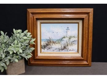 Artist Signed Oil On Canvas Painting, Lighthouse On Dunes, Framed And Signed Gordon