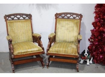 Pair Of Antique  Victorian Glider Upholstered Rocking Chairs On Casters