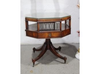 Mahogany Leather To  Octagon Two Tier Pedestal Drum Table - Wire Ellipse Detail And Casters