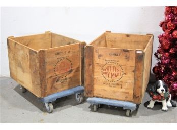 Two Vintage Pine Shipping Boxes Certified Dry Mats West Groton MA - No Lids And Wheeled Dollies NOT Included