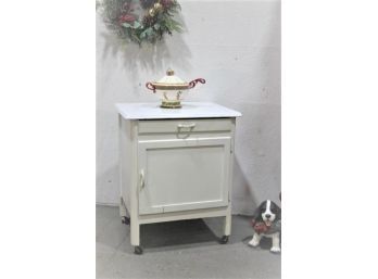 Small Antique Porcelain Enamel Top Kitchen Cabinet Cupboard (tureen Not Included)