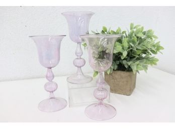 Three Lilac Hand Blown Venetian Glass Double Gourd Stem Wine Goblets