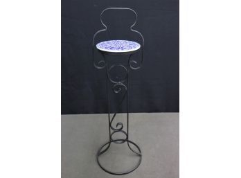 Black Wrought Iron Scylptural Plant Stand With Round Blue & White Tile