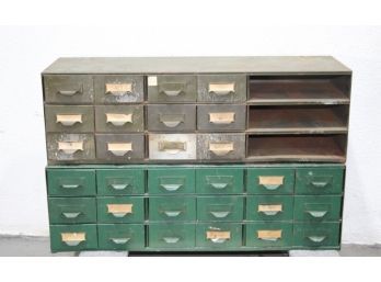 Two Vintage Industrial Metal Tool/Part Cabinets - Sage And Emerald Greens - 27 Drawers/3 Shelves - Tools Etc
