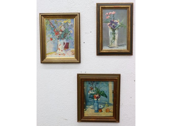 Three Framed Floral Still Life Reproduction Color Prints On Canvas