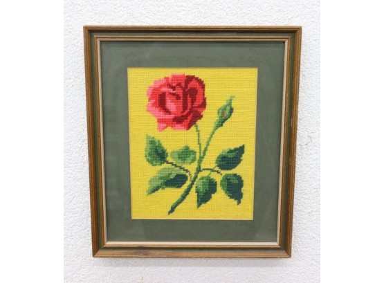 Completed And Framed Red Rose On Yellow Ground Needlepoint