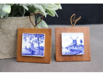 Two Small Wood Mounted Delft Style Windmill Tiles, Braided Loop Hanger