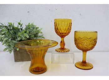 Two Amber Glass Chalice Compotes - Thumbprint And Hobstar Pressed Glass And Amber Vase