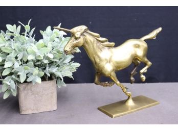 Bronze-tone Galloping Unicorn Three Hooves In The Air Metal Statuette
