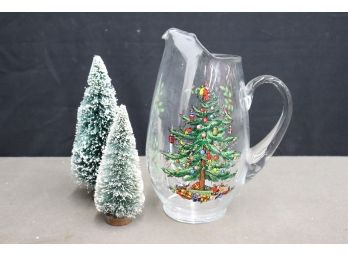 Holiday Clear Glass Pitcher Decorated With Christmas Tree And Holly And Berries
