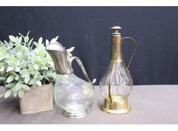 Two Vintage Wine Decanters:  Glass/Silver Tone Metal Duck And  A Brass/Glass Genie Bottle Form