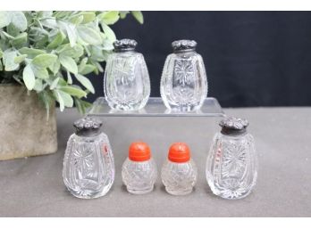 Vintage Salt/Pepper Shaker Group:  Red Bakelite Top Cut Glass Set And 2 Oval Cut Glass Silver Plate Top Sets