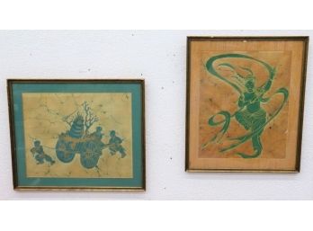Two Vintage Batik Prints - Shiva Dance Of Bliss And Dragon Temple Offering On Cart