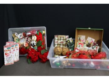 Great Xmas Group Lot: Vintage Pastel Bulbs, Mini-Lights, Mucho Ribbon, Synthetic Poinsettia And Holly, Balls