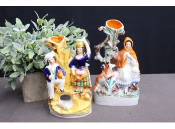 Staffordshire Style Flatback Figural Vases - Little Red Riding Hood And Farming Couple