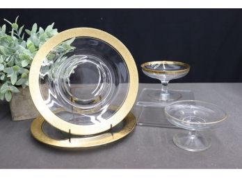 Two Glass & Gilt Rim Dinner Plates & Two Low Glass & Gilt Coupes (Tiffin Minton Style)