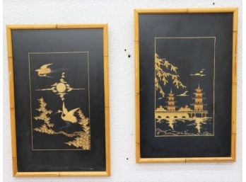 Two Striking Wood Applique On Cloth Japonisme Art Panel In Bamboo Frames And Black Mat