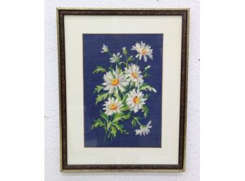 Vintage Needlepoint Daisy Bouquet On Blue Ground In Faux Burl And Gilt Frame