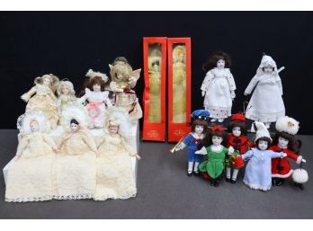 Big Group Of Little Women - Lovely Christmas Doll Figurine Ornaments In Holiday Finery