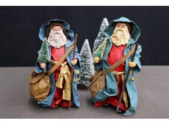 Two Santa-Wan Kenobi Cloth Mache Santa With Blue Cape Figurines